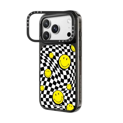 Melted Checkers Smiley Phone Case - iPhone 18 Pro Max - Impact Ring Stand Case MagSafe Compatible - Glossy